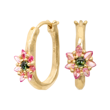 Small Green & Pink Daisy Oval Hoop Earrings - Made to Order